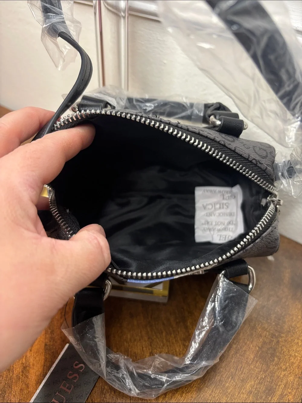 Guess Black Mini Satchel with Blue and White Center Stripe and crossbody strap - Picture 11 of 16